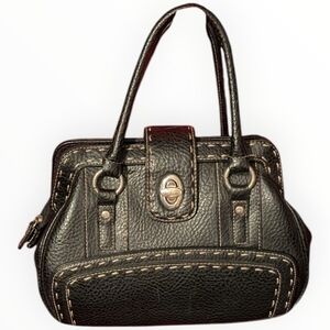 Black Pebbled Faux Leather Satchel Handbag - White Stitching & Turn Lock Closure